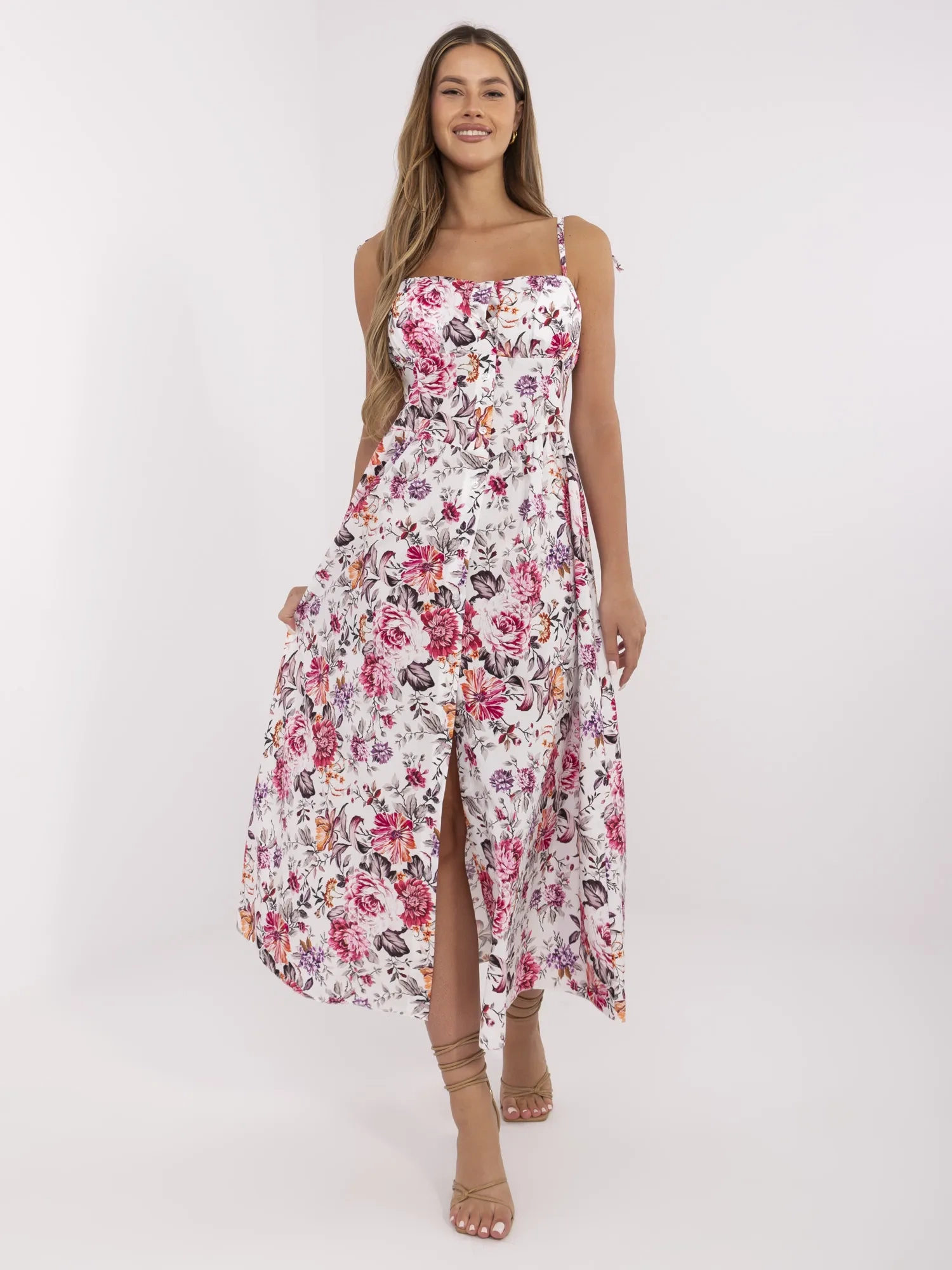 White-pink dress with button closure.