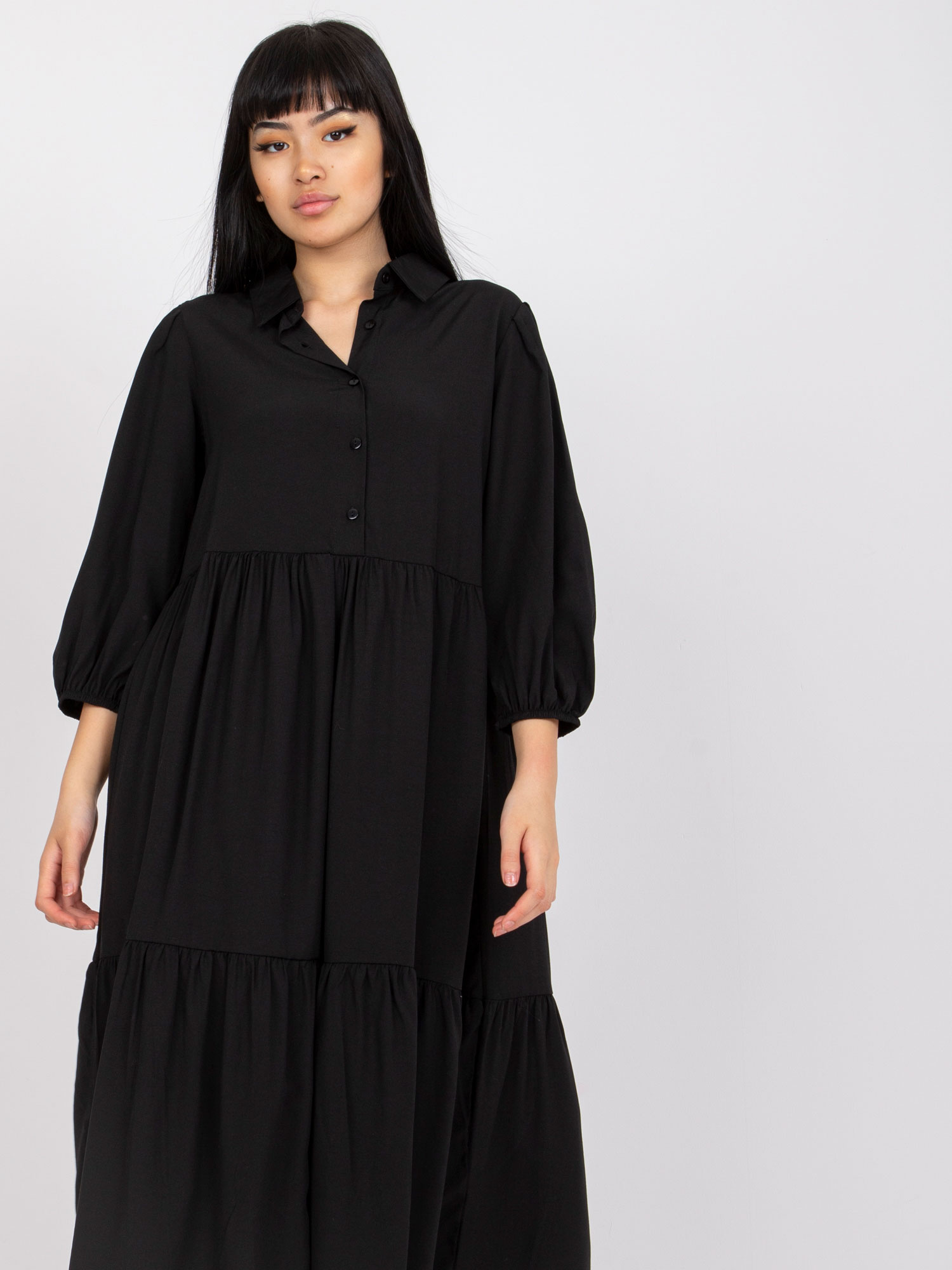 RUE PARIS black flared flounce dress 