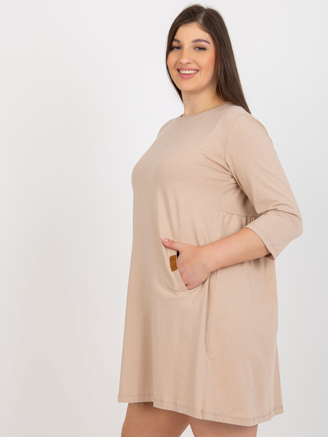 Hurt Ciemnobeżowa mini sukienka plus size z rękawem 3/4 Dalenne