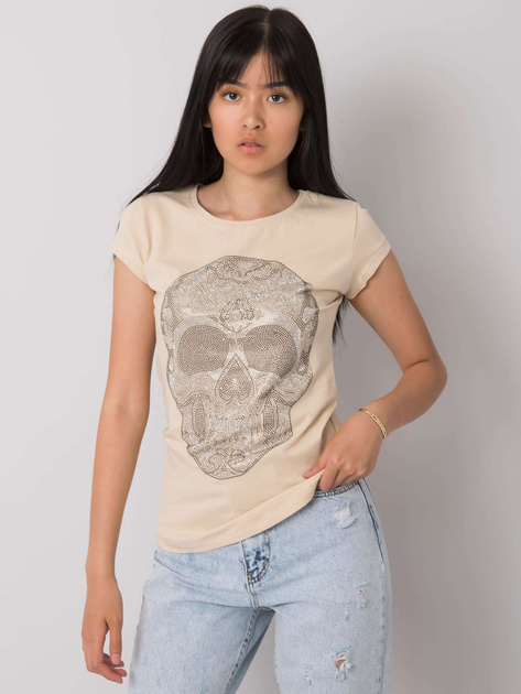 Beżowy t-shirt z aplikacją Skull