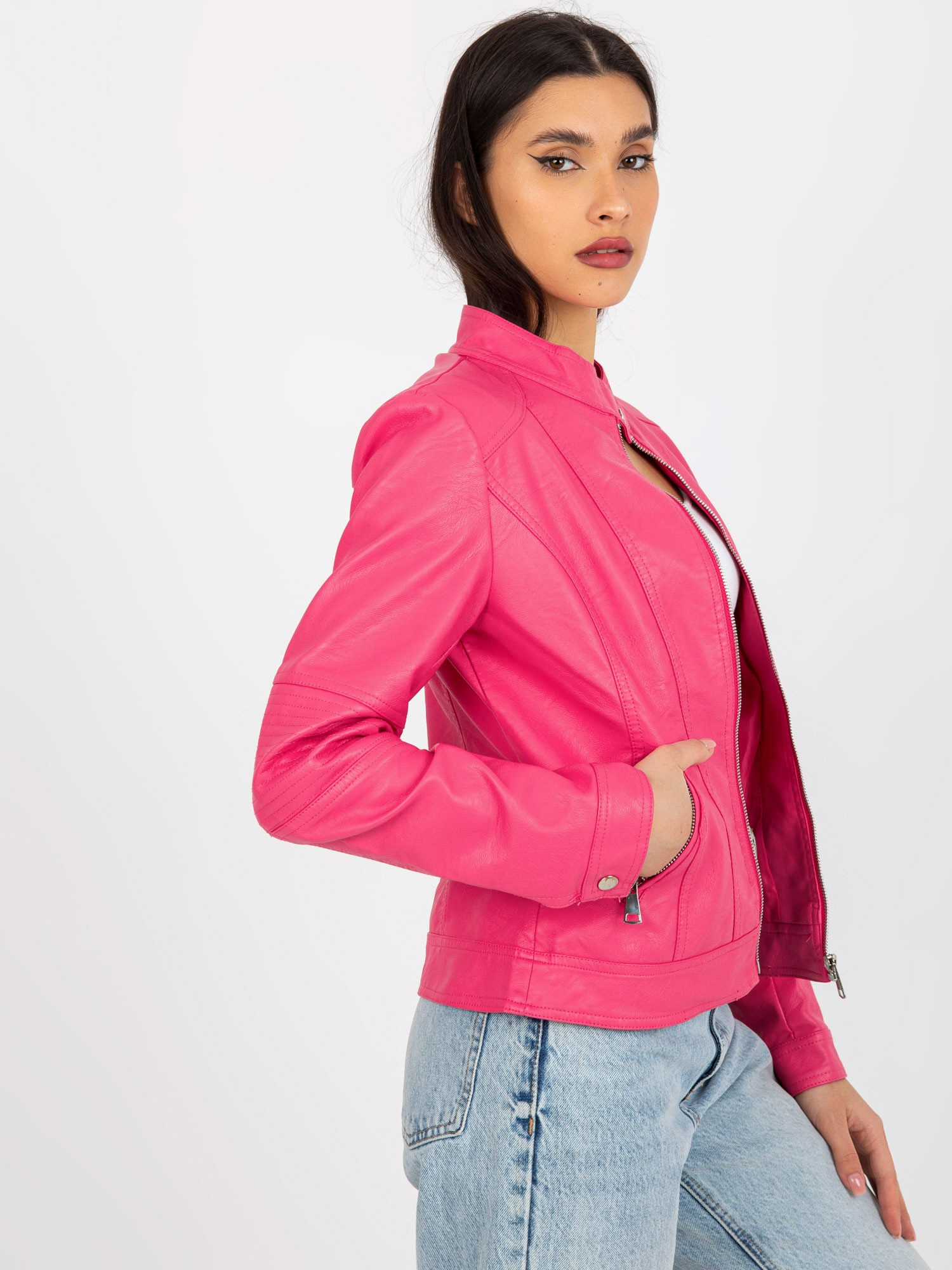 Hurt Dark Pink Women's Biker Jacket Made of Eco-Leather with Pockets
