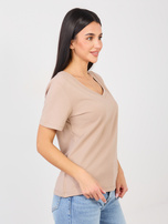 Ciemnobeżowy klasyczny t-shirt basic RUE PARIS 