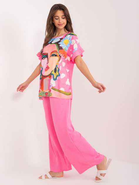 Hurt Różowy damski komplet letni z falbankami