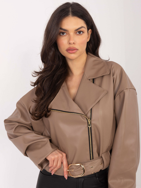 Ciemnobeżowa krótka ramoneska z paskiem RUE PARIS