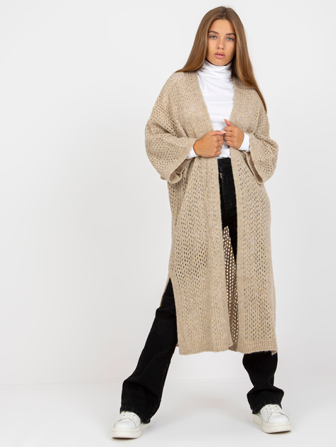 Hurt Beżowy długi ażurowy kardigan z wełną OCH BELLA
