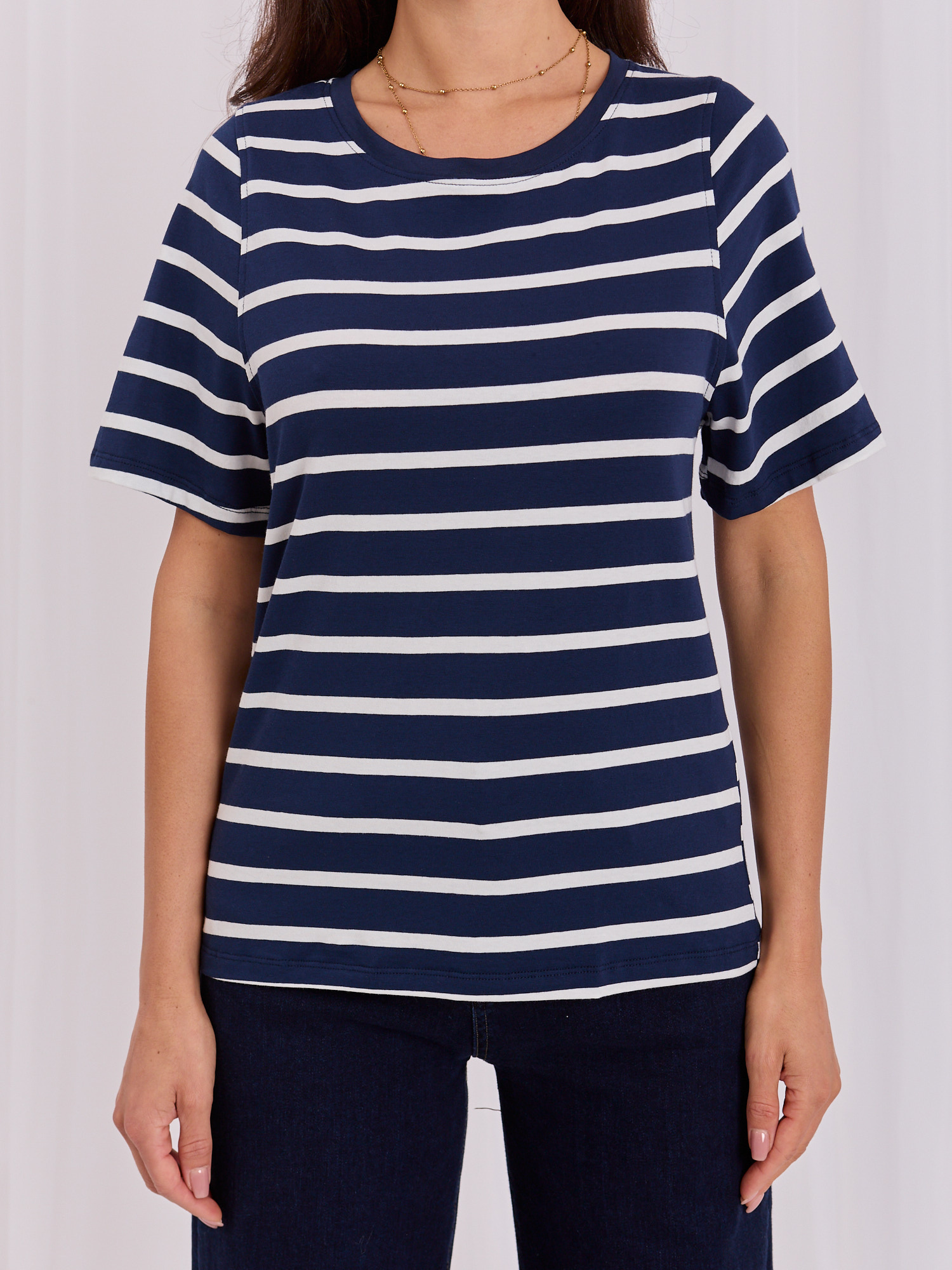 Granatowo-biały damski t-shirt basic w paski  RUE PARIS 