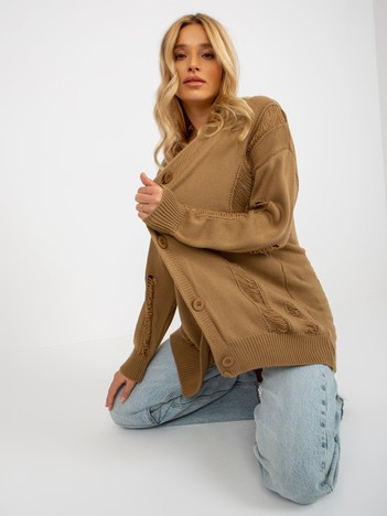 Hurt Camelowy sweter rozpinany oversize z dziurami RUE PARIS