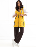 Yellow reversible vest with a hood.