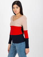 Hurt Beżowo-granatowa damska bluzka basic w prążek RUE PARIS