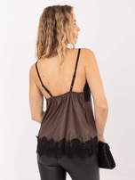 Brązowy top z ekoskóry na ramiączkach RUE PARIS 