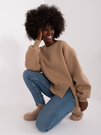 Hurt Ciemnobeżowa damska bluza basic z rozcięciami