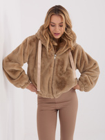 Beżowa futrzana kurtka z suwakiem