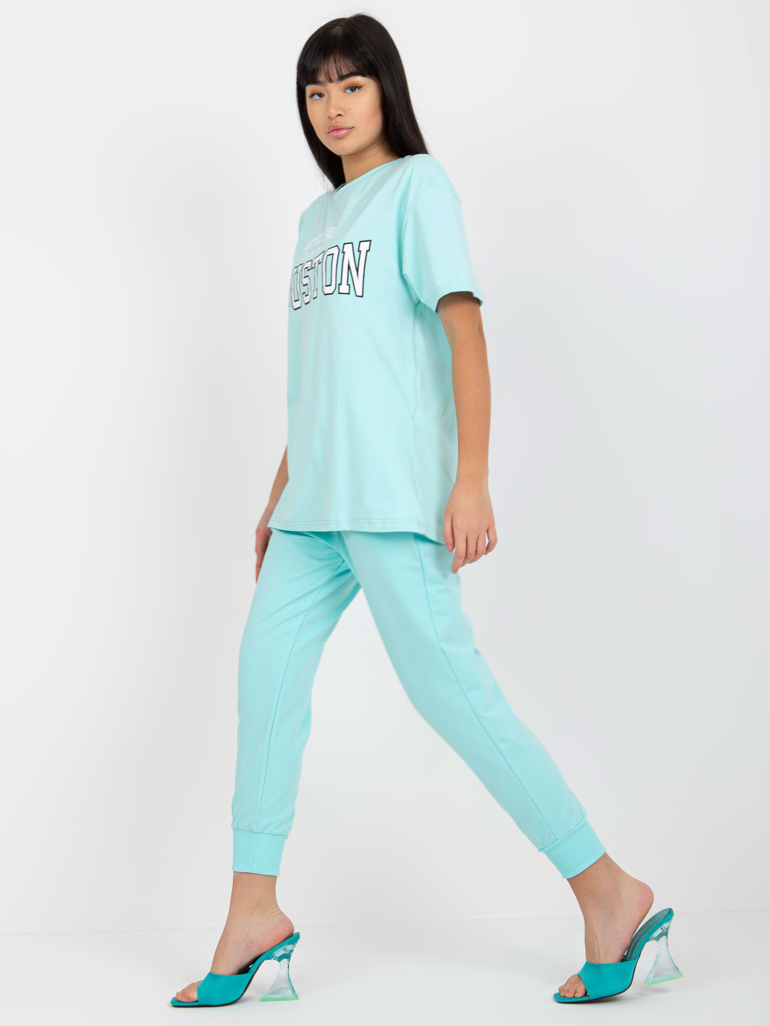 Hurtownia online Miętowy luźny t-shirt z nadrukiem 