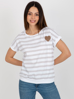 Hurt Biało-brązowa damska bluzka w paski z naszywką