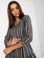 Hurt Ciemnoszara sukienka koktajlowa w paski z wiązaniem