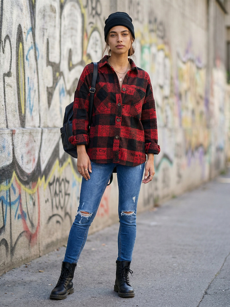 Hurt Czarno-czerwona wierzchnia koszula w kratę z napisami