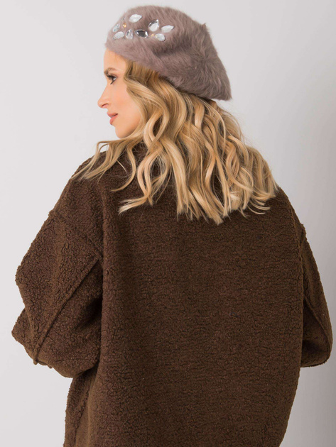 Ciemnobeżowy beret damski z aplikacją