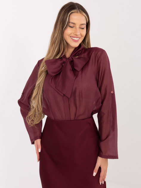 Burgundowa rozpinana koszula z kokardą