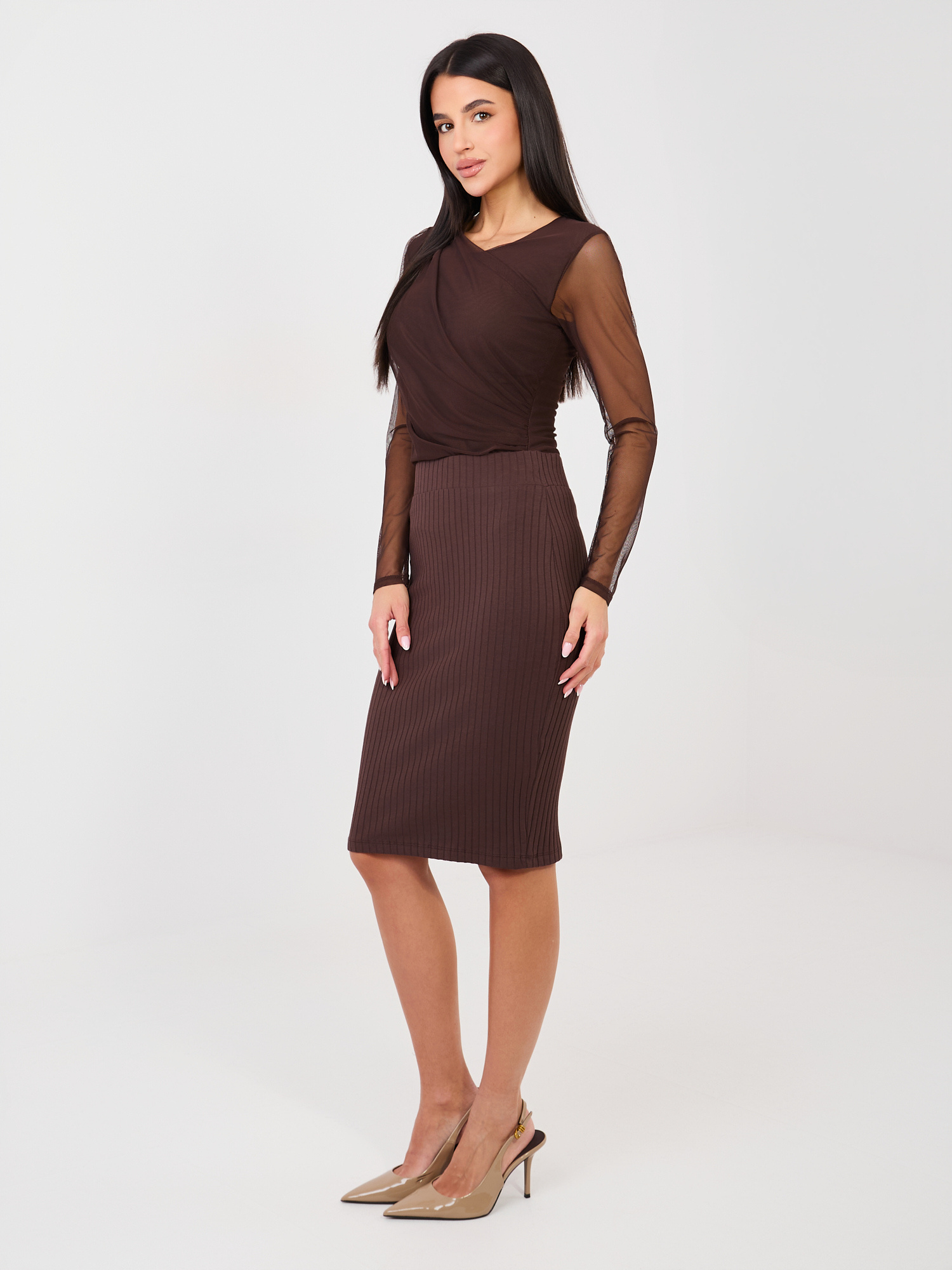 Chocolate ribbed fitted skirt RUE PARIS.
