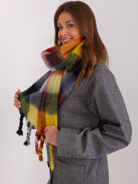 Hurt Żółto-granatowy damski szal z frędzlami