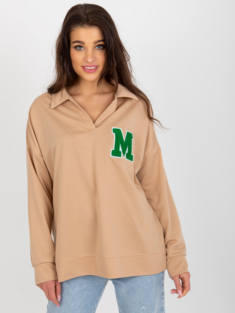 Hurt Camelowa bawełniana bluzka oversize z kołnierzem