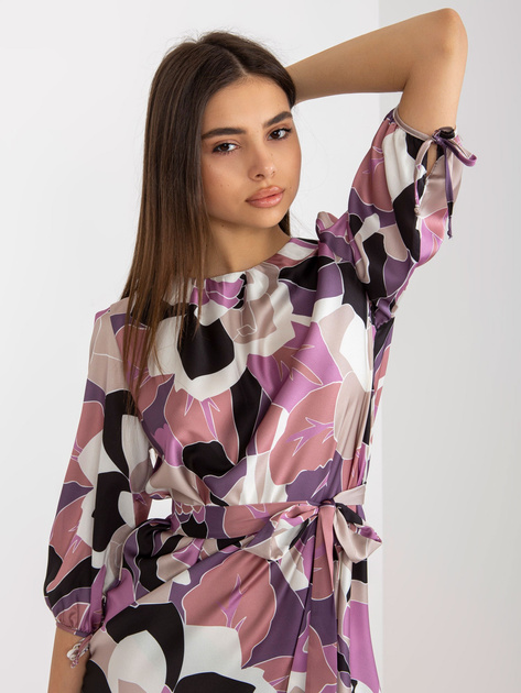 Hurt Fioletowa sukienka koktajlowa z printem i paskiem