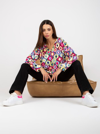 Hurt Różowo-niebieska welurowa bluza z nadrukiem i dekoltem V RUE PARIS