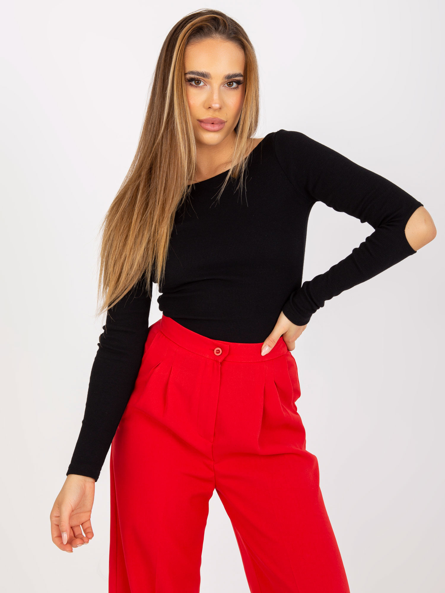 Hurt Czarna dopasowana bluzka basic w prążki RUE PARIS   