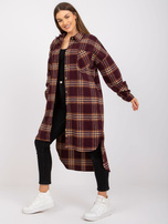 Bordowo-żółta długa koszula w kratę z długim rękawem