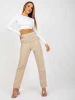 Hurt Beżowe proste spodnie z materiału z wysokim stanem