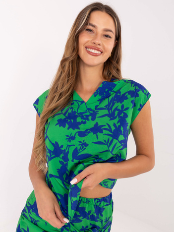 Zielono-niebieska luźna bluzka z nadrukiem RUE PARIS