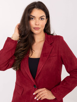 Burgundy suede blazer with button closure.