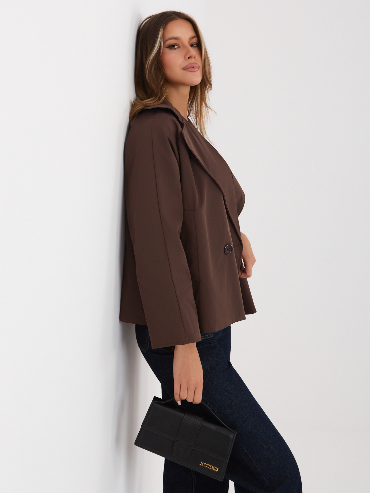 Brązowy damski płaszcz z rękawem 3/4 RUE PARIS 