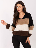 Czarno-brązowy sweter oversize w paski RUE PARIS 
