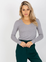 Hurt Szary gładki sweter klasyczny z dekoltem w serek 