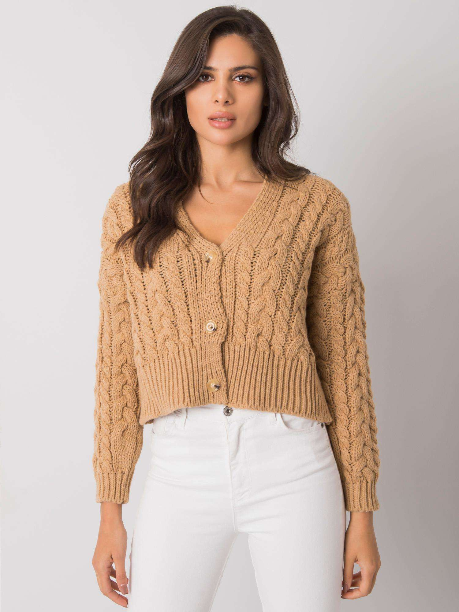 Camelowy sweter na guziki w warkocze Avezzano SUBLEVEL