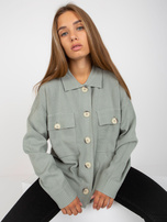 Hurtownia Jasnozielony sweter rozpinany o kroju koszuli 