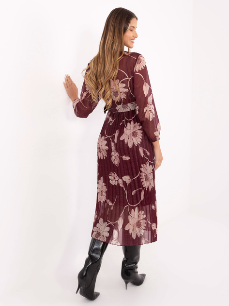 Bordowa plisowana sukienka w kwiaty