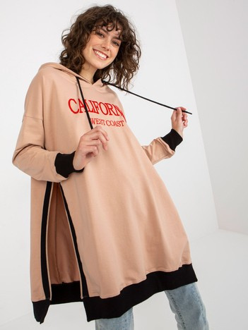 Hurt Beżowa długa bluza oversize z kapturem i napisem 