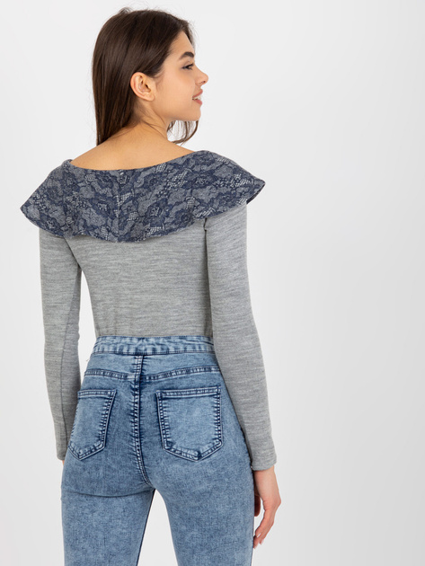 Hurt Szaro-granatowa damska bluzka z ozdobnym kołnierzem