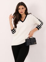Ecru-black women's sweater with contrasting stripes.