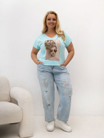 Menta bombažna majica plus size z vzorcem.