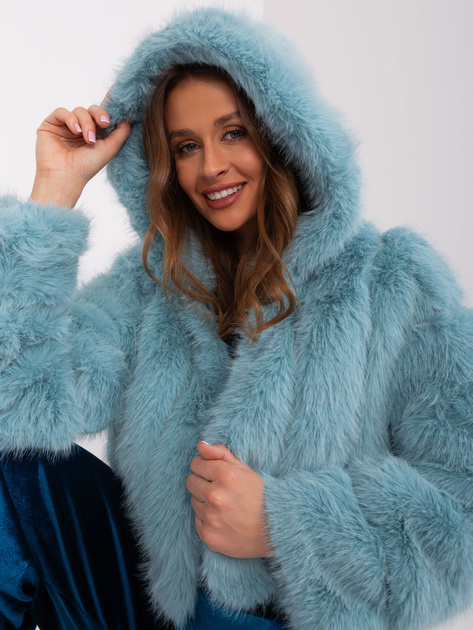 Hurtownia Miętowa krótka kurtka futrzana z kapturem