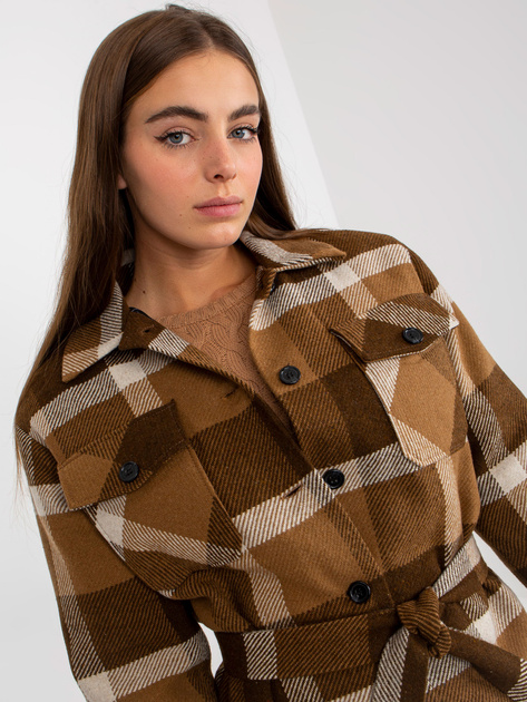 Hurt Brązowy damski płaszcz w kratę z zapięciem na guziki