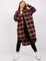 Bordowo-żółta długa koszula w kratę z długim rękawem