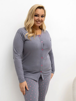 Tmavě šedá pyžama plus size s kalhotami na puntíky.