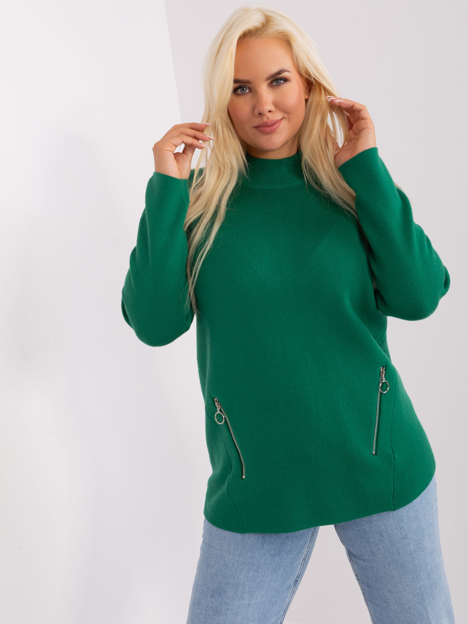 Ciemnozielony damski sweter plus size z zamkami