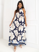 Granatowa trapezowa sukienka w kwiaty 