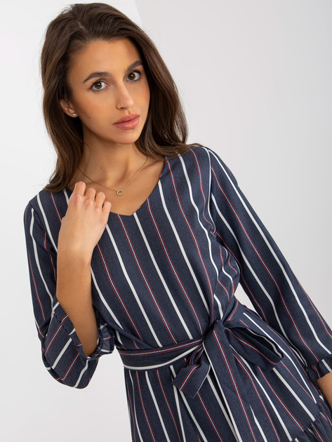 Hurt Granatowa rozkloszowana sukienka koktajlowa w paski