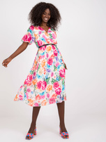 Jasnobeżowa sukienka z kwiatowym printem i paskiem